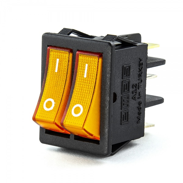 A12B1S11 Выключатель в чёрном корпусе две жёлтые клавиши с подсветкой 1НО+1НЗ. РИТЕТ